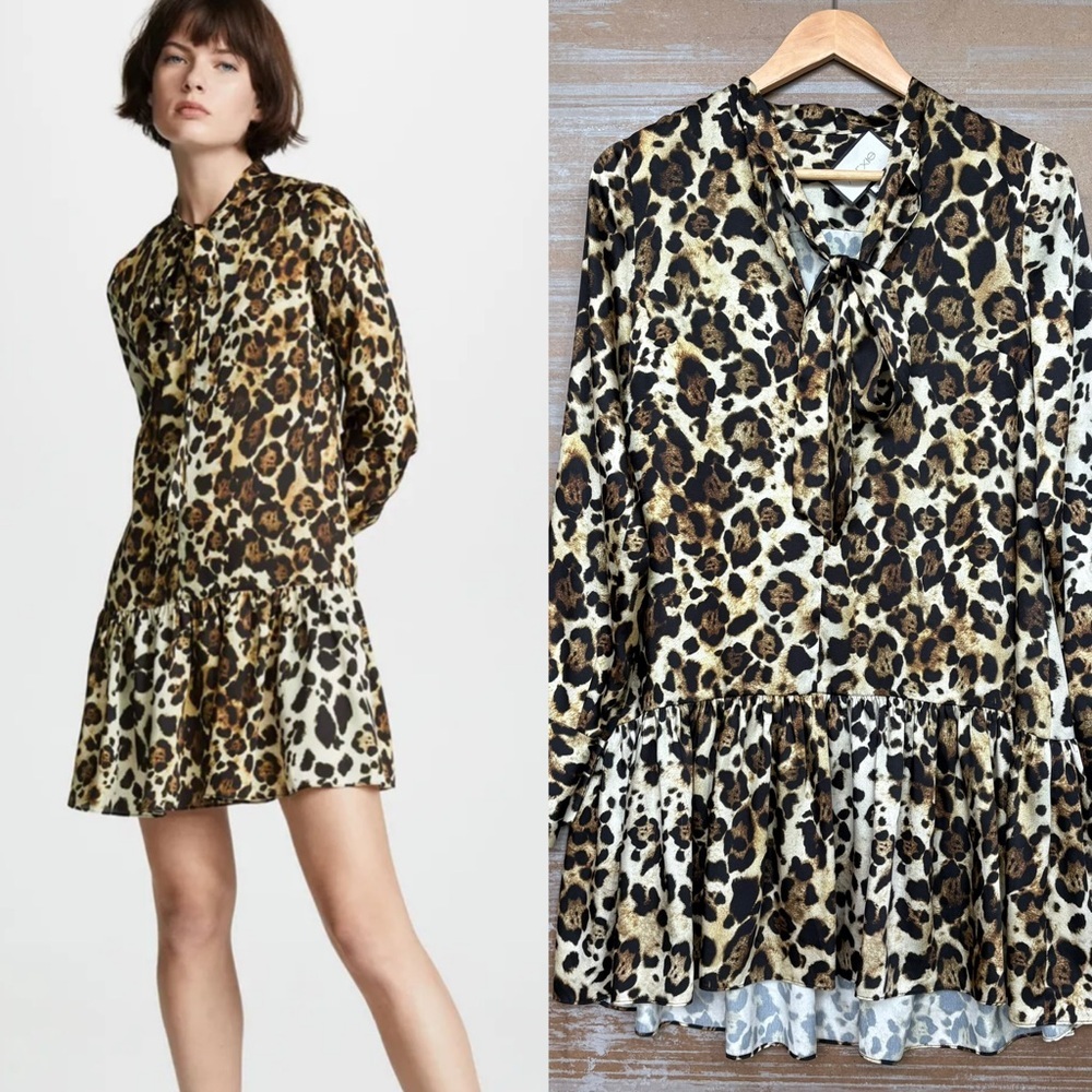 Alexis Lydia Leopard Mini Dress Preppy Boho Classic Fall Oversized Womens XS